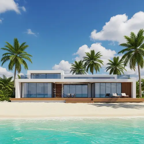 3D Beach House with Palm Trees and Sunny Sky
