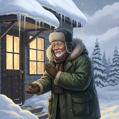 Asian Elderly Man Outside Snow-Covered House | Winter Illustration