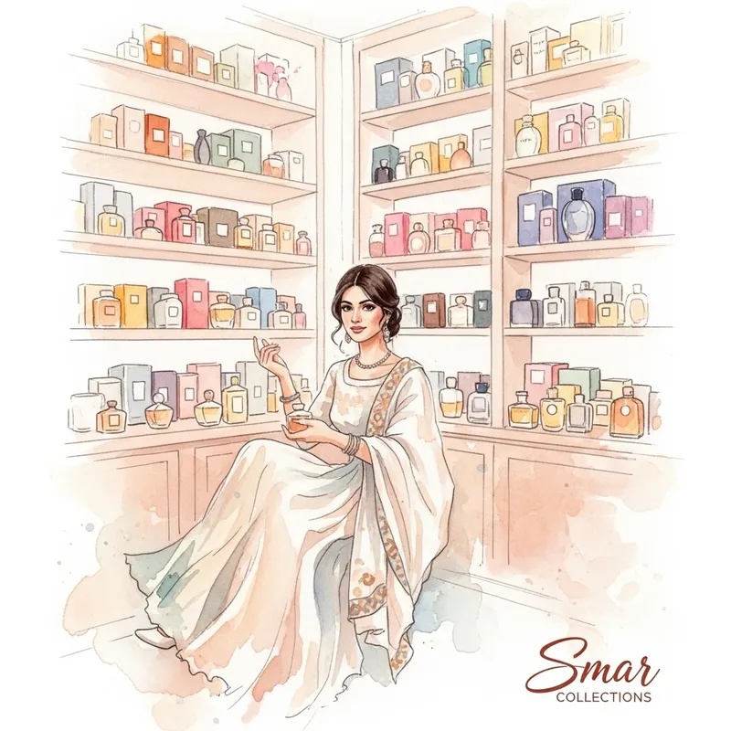 Elegant Watercolor Art of South Asian Woman in Perfume Store