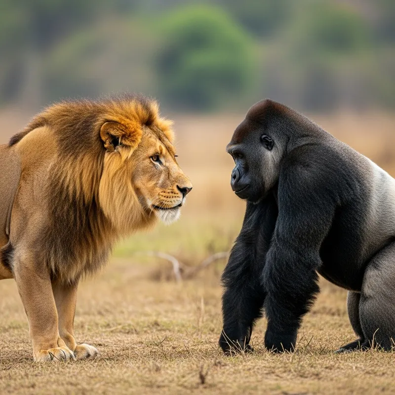 Majestic Lion and Gorilla Encounter in the Wild