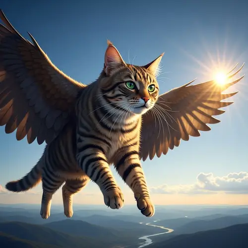 Flying Cat | Brave Feline Soaring in the Clear Blue Sky