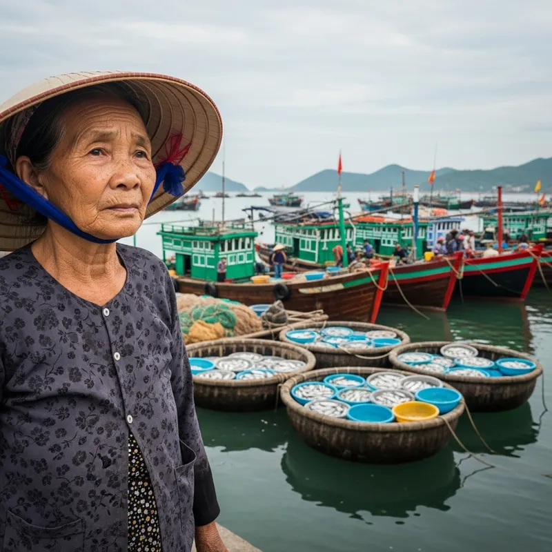 Vietnamese Lady Considering Buying Live Fish at Fishing Boats' Location