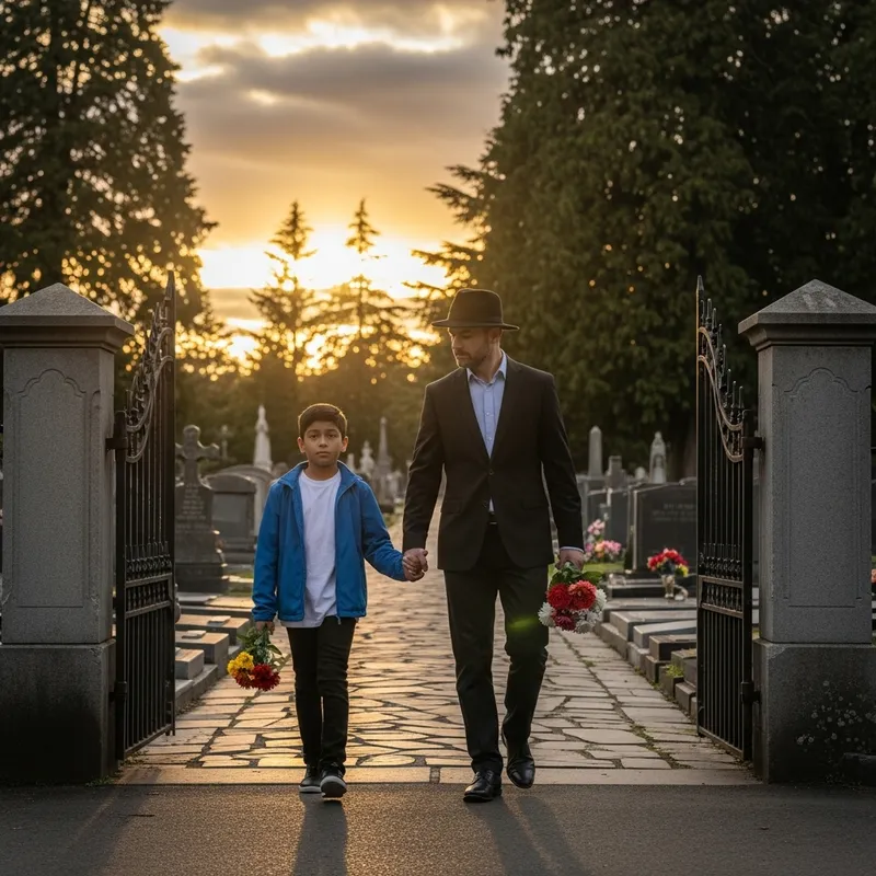 Father and Son Visiting Cemetery at Sunset