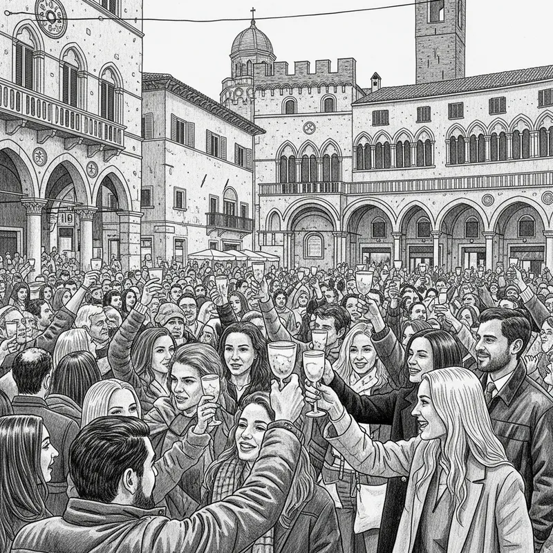 Bustling Italian Square New Year's Eve Celebration Sketch
