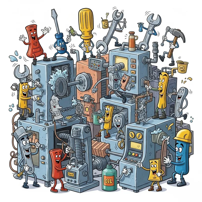 Whimsical Preventive Maintenance Image with Cartoonish Tools and Machines
