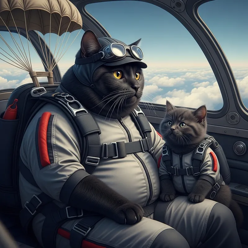 Realistic Black Cat & Kitten Skydiving Scene | High-Resolution Photo Realistic Black Cat & Kitten Skydiving Scene | High-Resolution Photo