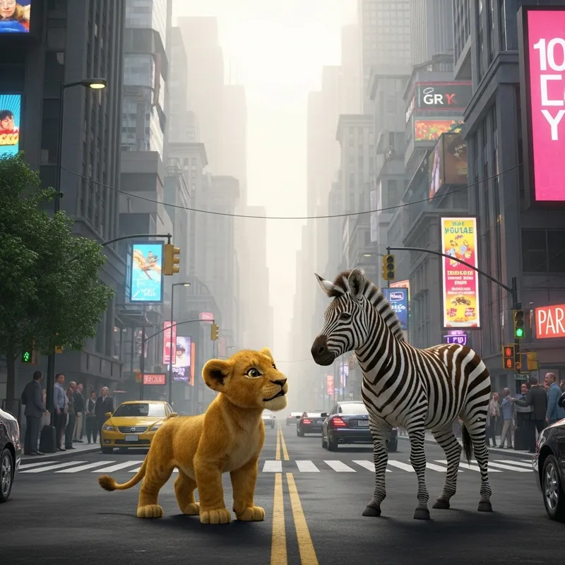 Small Lion Encounter with Zebra in Cityscape