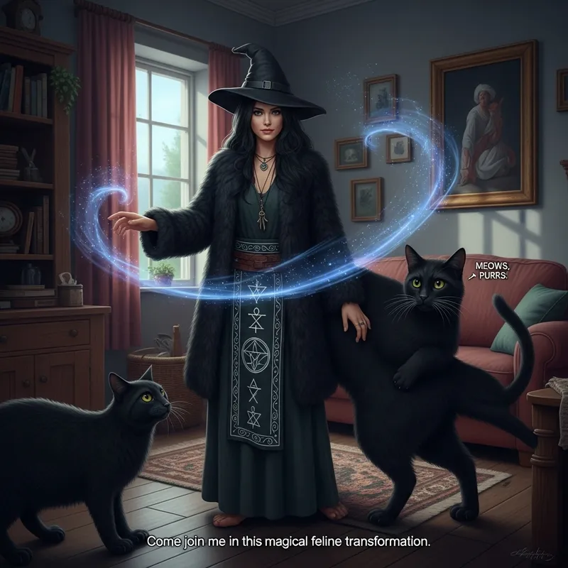 Enchanting Black Fur Coat Witch Transformation Into Cat