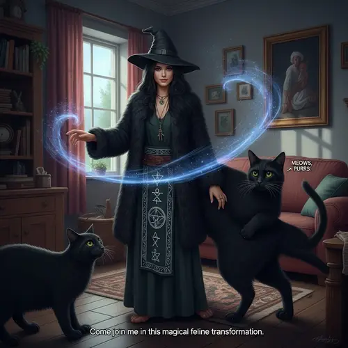 Black Fur Coat Witch Transformation Into Cat - Enchanting Scene