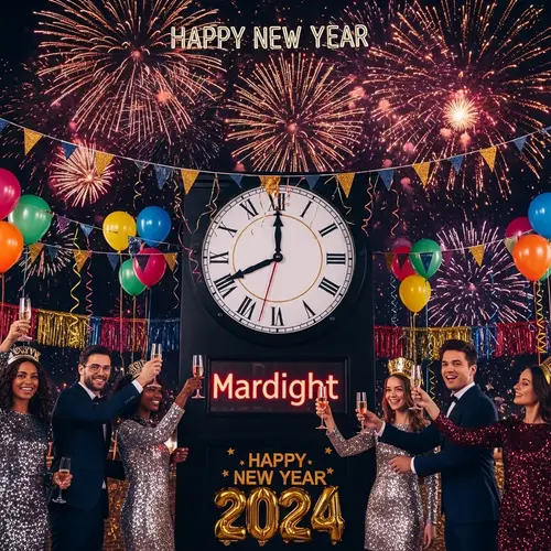 Happy New Year 2024 Countdown Celebration with Fireworks