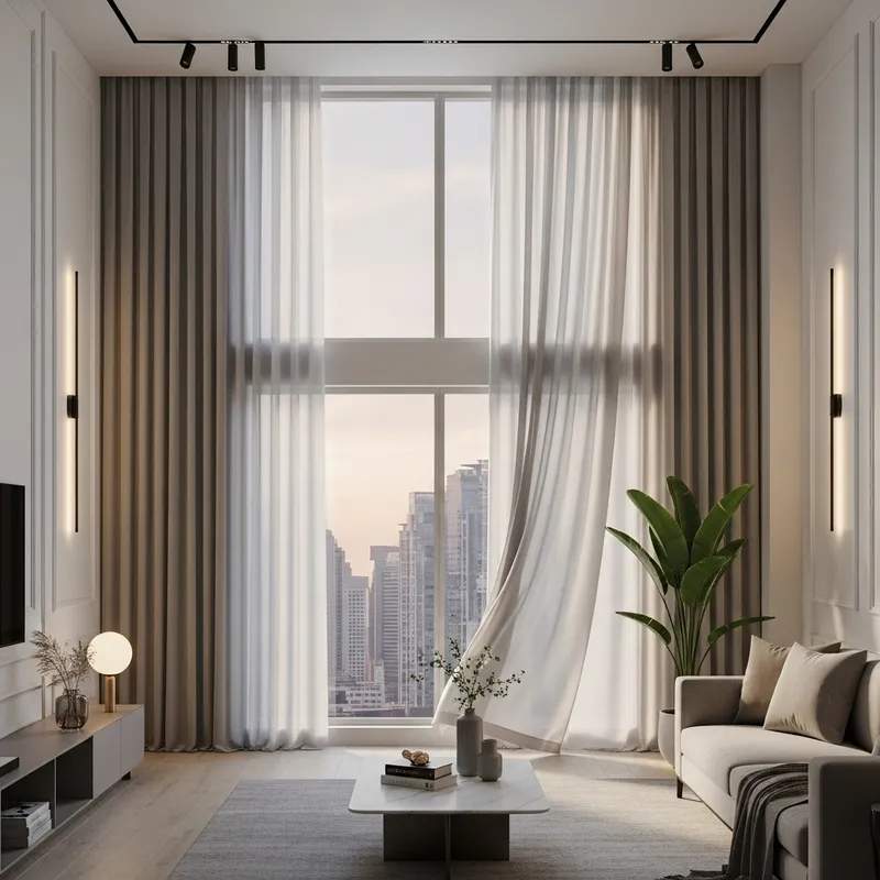 Realistic Modern Designer Interior with Beautiful Curtains