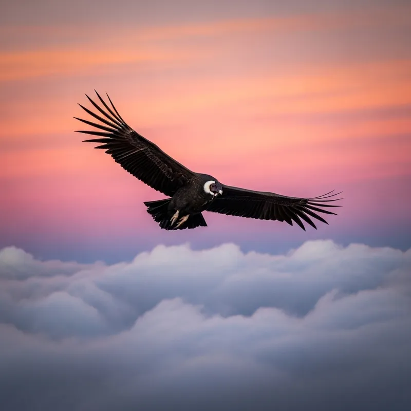 Cóndor Flying Through Clouds in Pink Sunset