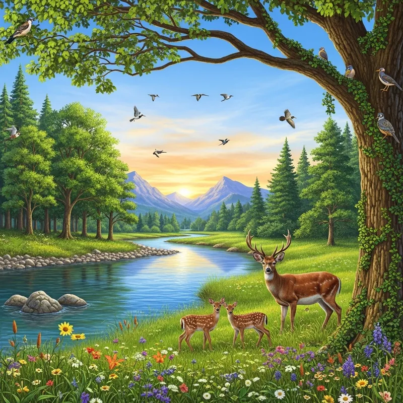 Beautiful Nature Landscape with Verdant Trees, River, Mountains