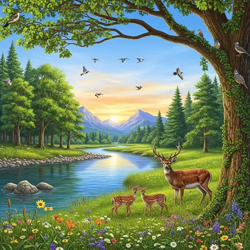 Serene Wild Natural Landscape with Verdant Trees, River, and Mountains