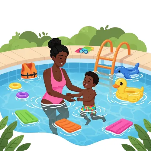 Young Black Mother Teaching 5-Year-Old Son to Swim