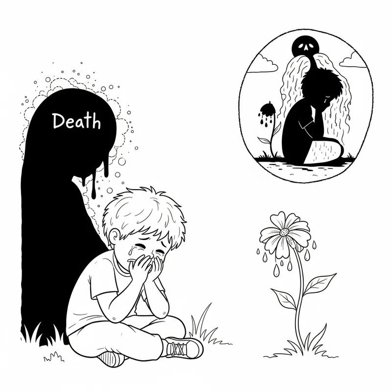Whimsical Cartoon Style Child Coloring Page - Overwhelmed by Death