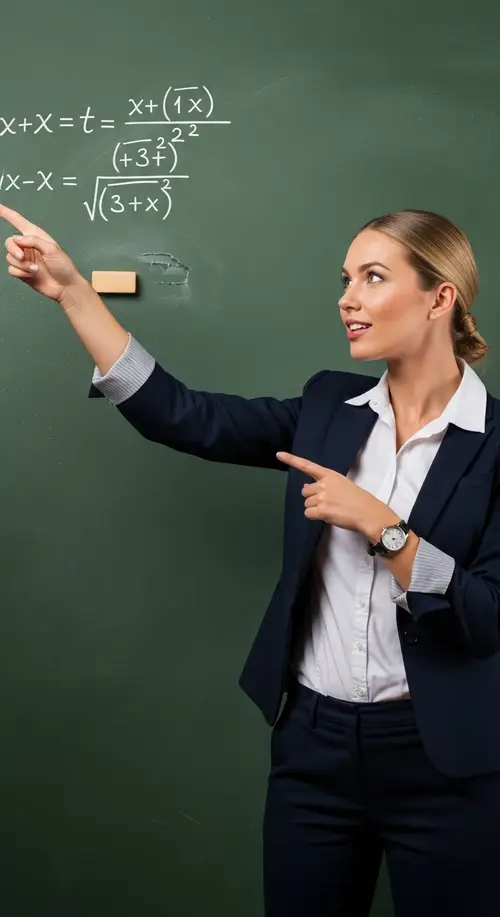 Realistic Caucasian Woman in Business Suit Pointing at Chalkboard