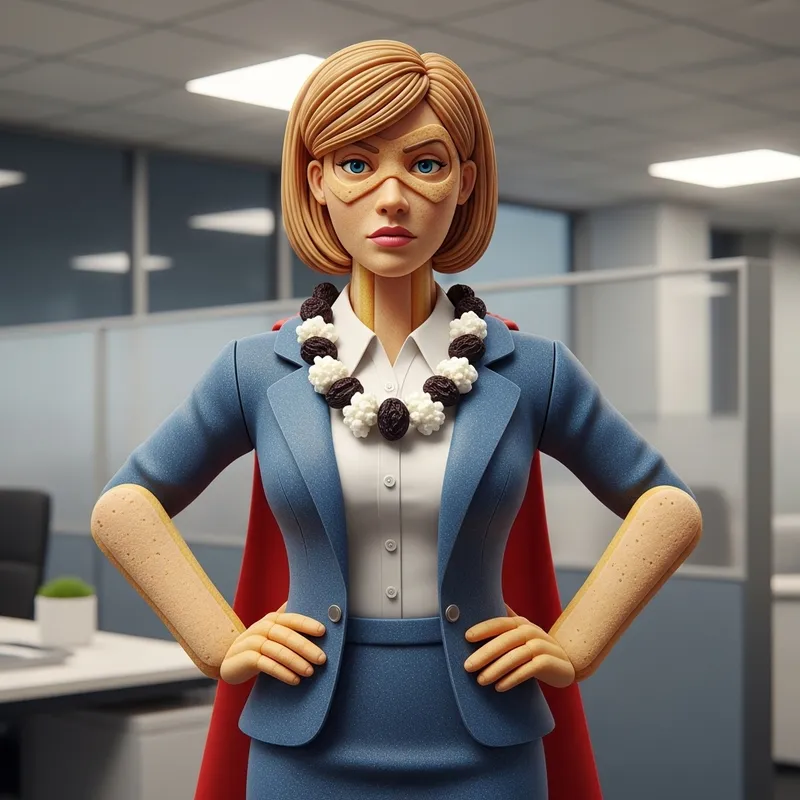 Corporate Superhero Woman Made of Ladyfinger with Raisin and Cottage Cheese Necklace Corporate Superhero Woman Made of Ladyfinger with Raisin and Cottage Cheese Necklace
