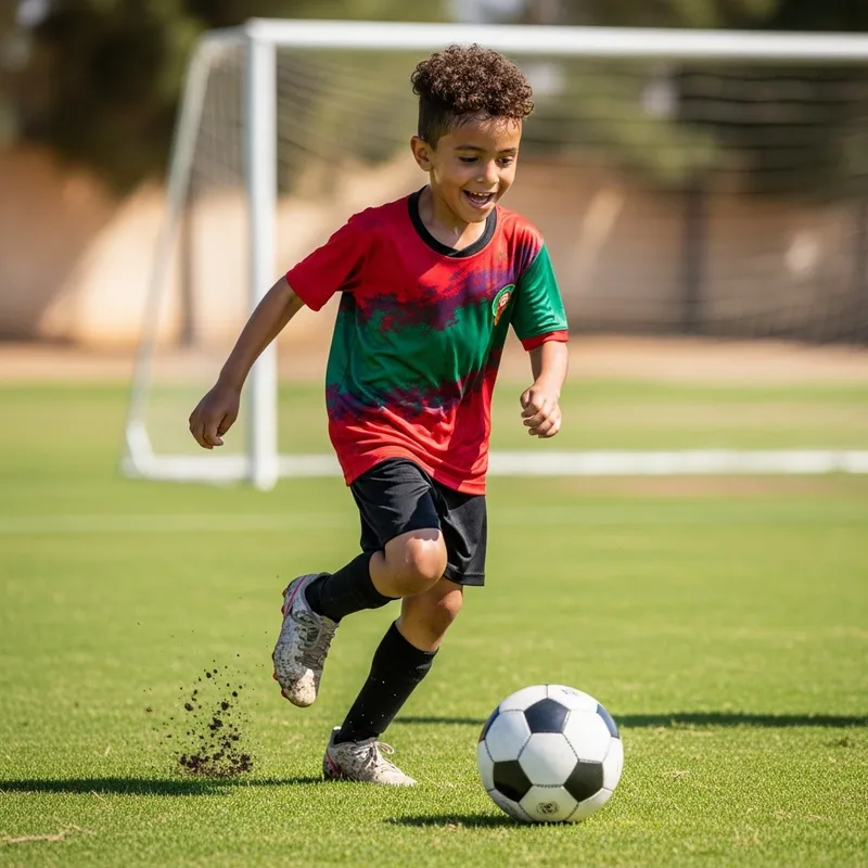 Young Moroccan Boy Joyfully Playing Soccer in Bright Sun