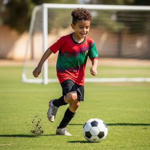 Young Moroccan Boy Playing Soccer in Bright Sun