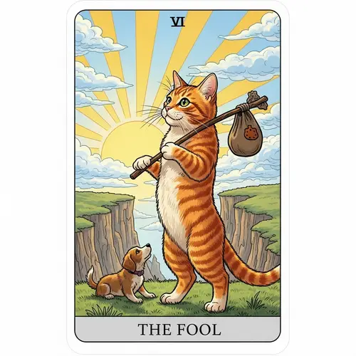 The Fool Tarot Card with Orange Cat - Symbolic, Vibrant Imagery