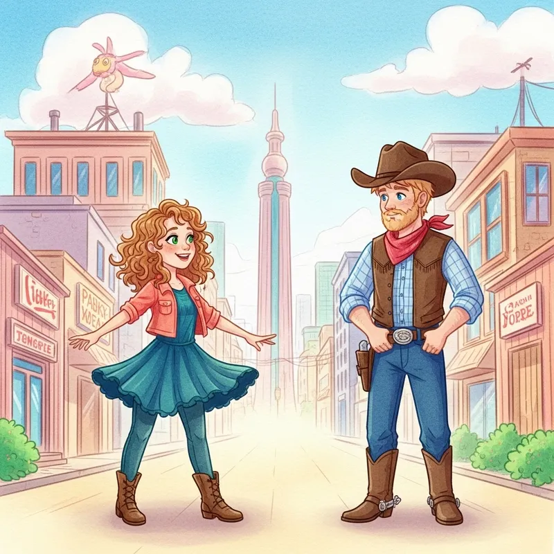 Dreamlike Encounter: Whimsical Cityscape Tale with Surreal Characters