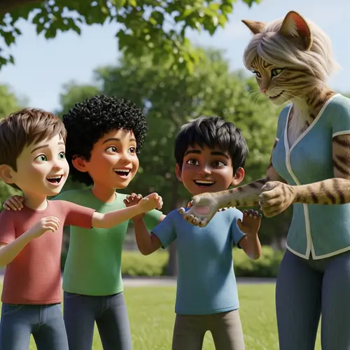 Three Boys Play with a Humanoid Cat in 3D