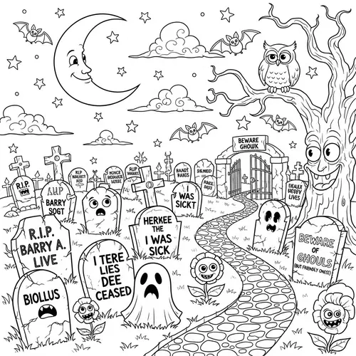 Whimsical Graveyard Coloring Page - Cartoon Style Fun