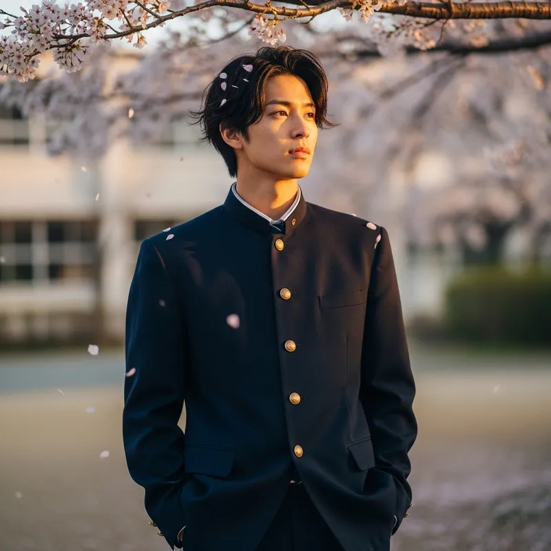 Asian Male in School Uniform Under Cherry Blossom Tree