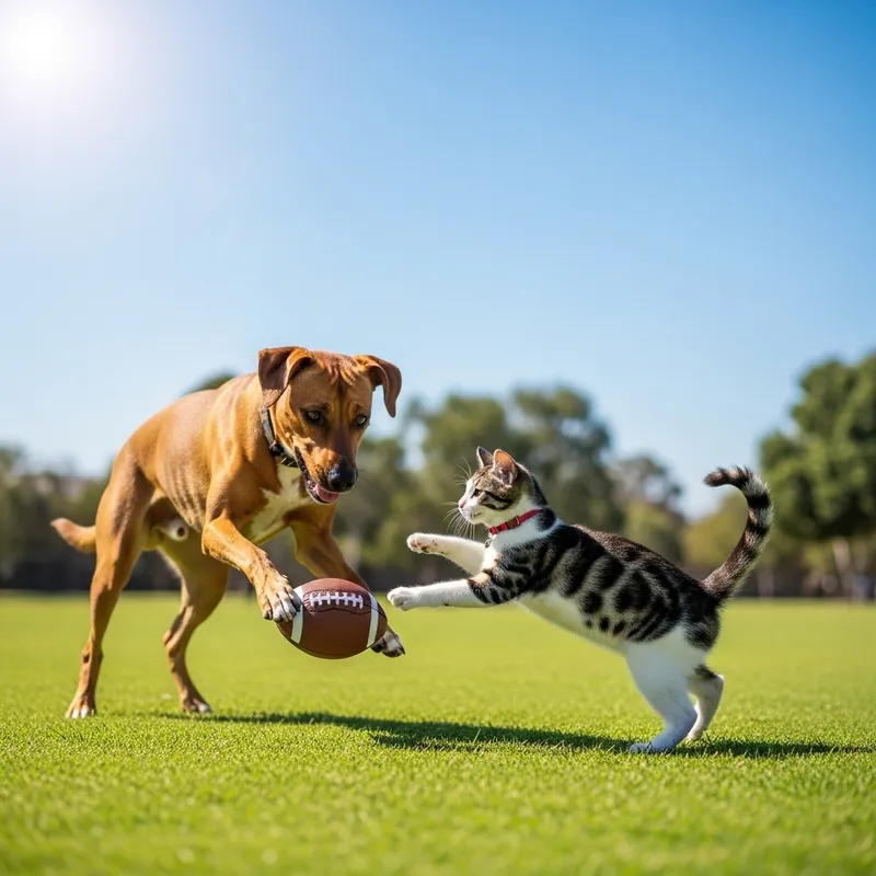 Dog and Cat Play Football at Local Park