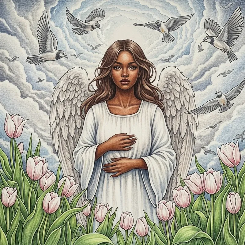 Beautiful Dark-Skinned Angel with Long Brown Hair and Nature Scene