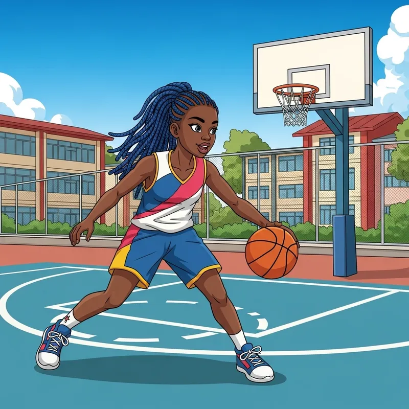 Young Nigerian Girl Playing Basketball with Blue Braids