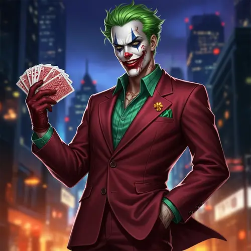 Vibrant Green-Haired Clown in Maroon Suit | Cityscape Night Scene