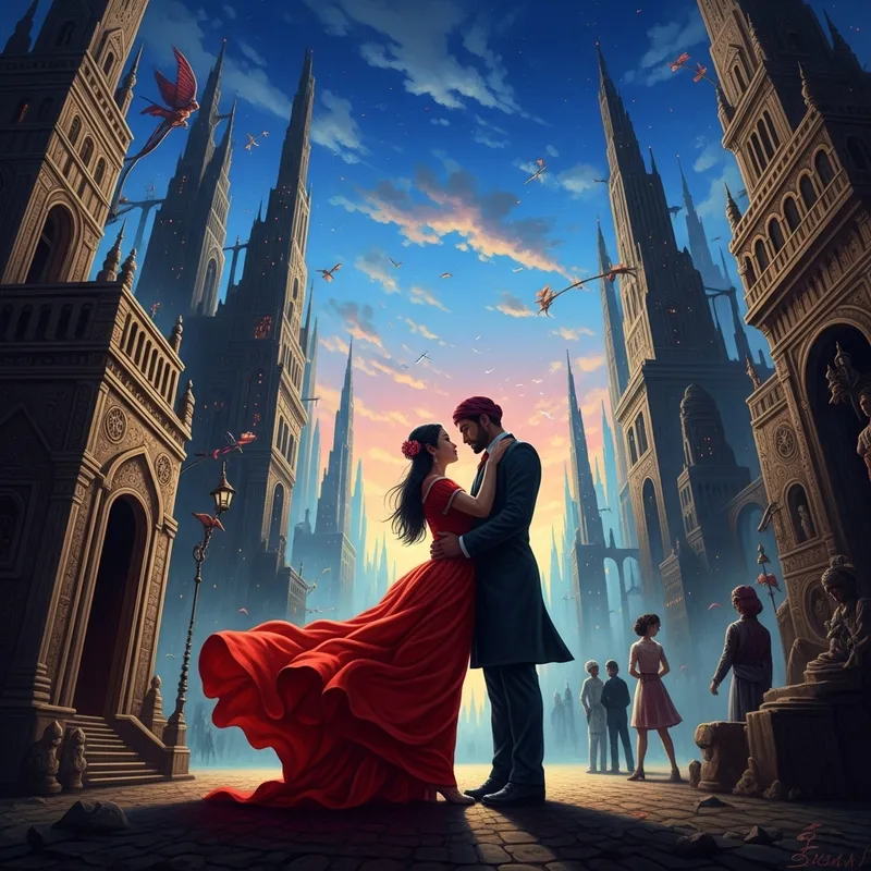 Surreal Twilight Cityscape with Passionate Lovers | Fantasy & Reality Art Surreal Twilight Cityscape with Passionate Lovers | Fantasy & Reality Art