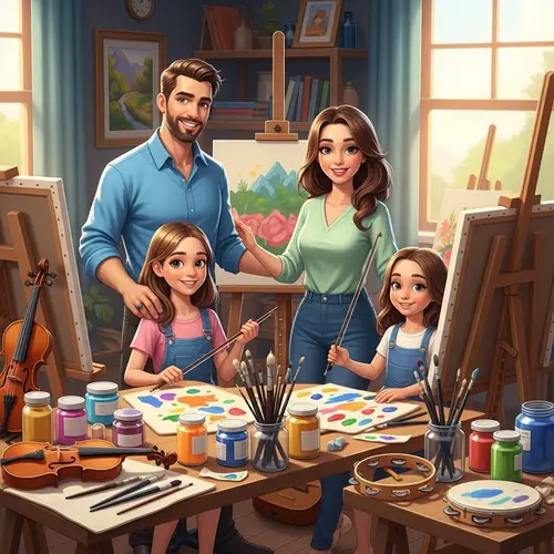 Artistic Family Portrait with Musical Instruments | Creative Animated Painting