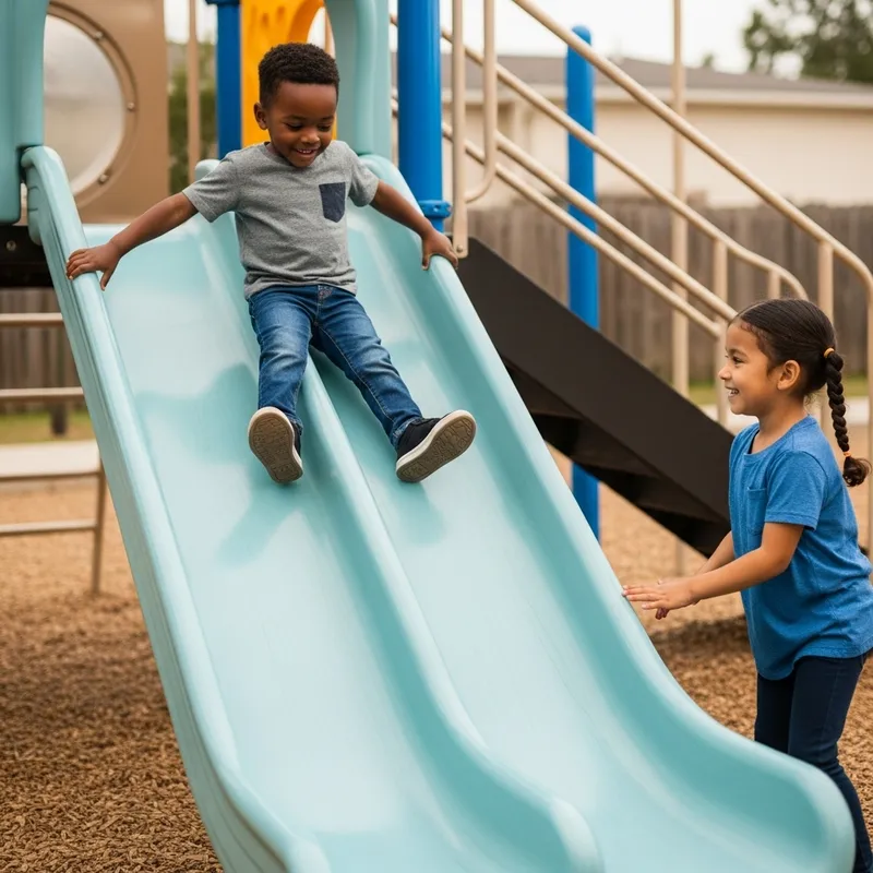 Young Black Kindergarten Boy Enjoying Slide With Patient Latino Girl