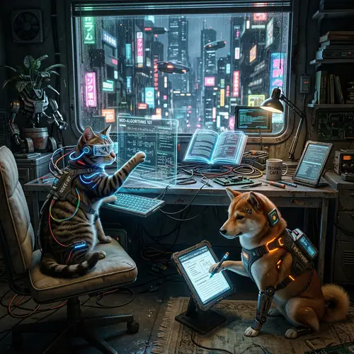 Cyberpunk Cat and Dog Doing Homework Together