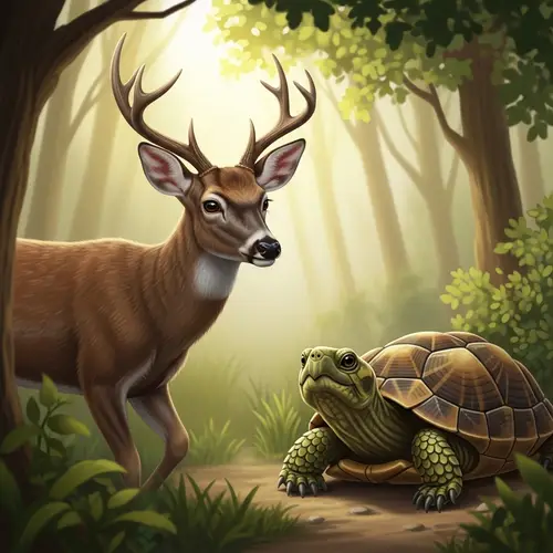 Serene Country Landscape with Majestic Deer and Patient Turtle