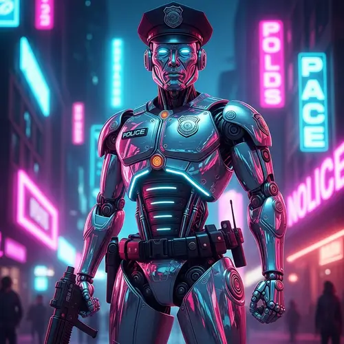 Futuristic Robotic Law Enforcement Officer in Neon City Lights