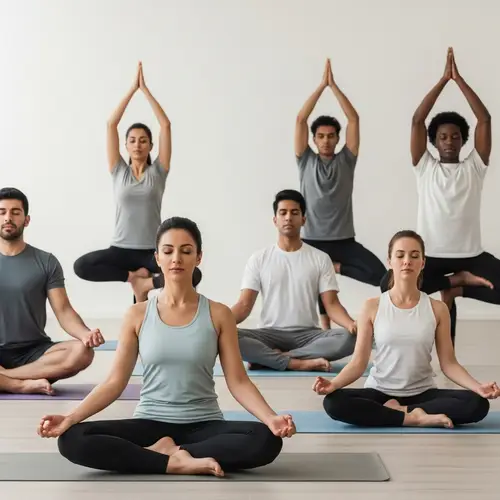 Tranquil Yoga Class: Diverse Students Meditating in Various Poses