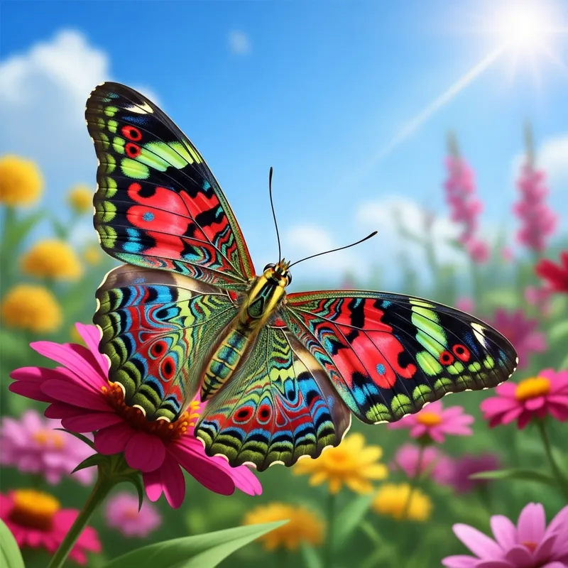 Colorful Butterfly on Vibrant Flower - Enchanting Garden Scene