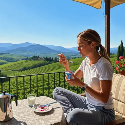 Athletic Woman Eating Yogurt in Sunny Italian Landscape
