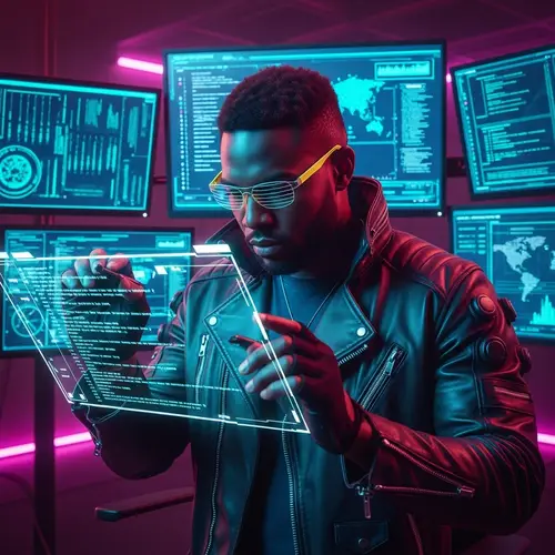 Cyberpunk Style African-American Software Developer Coding in High-Tech Office