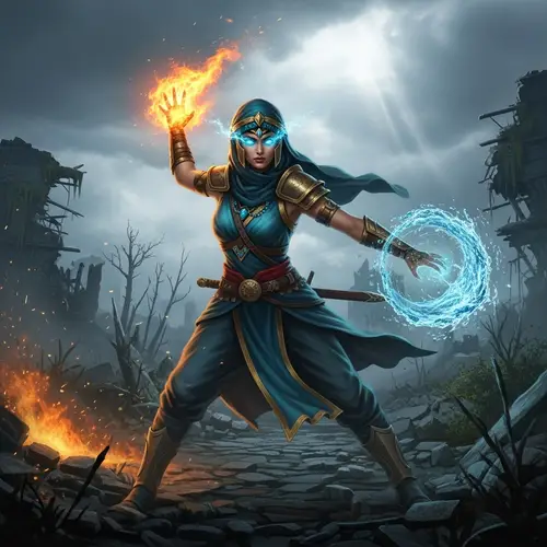 Middle-Eastern Female Warrior Manipulating Fire and Water in Post-Apocalyptic Battle