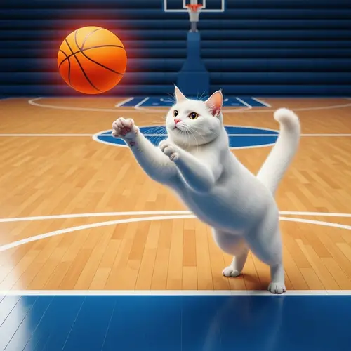 Fluffy White Cat in Exciting Basketball Game