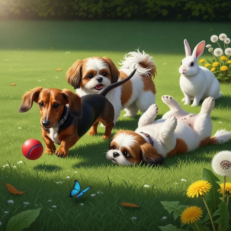 Adorable Dachshund, Shih Tzus & White Rabbit Frolicking on the Grass