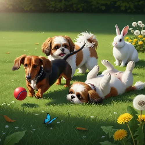 Playful Dachshund, Shih Tzus & White Rabbit on Lawn