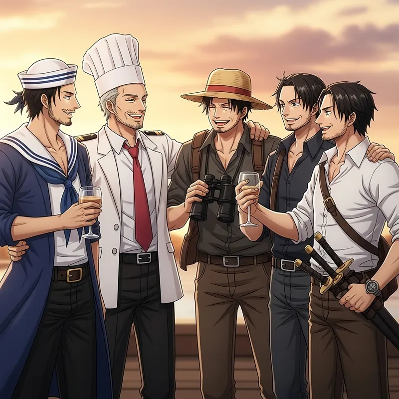 Warm Sunset Reunion of Sailor, Cook, Captain, Marksman & Swordsman