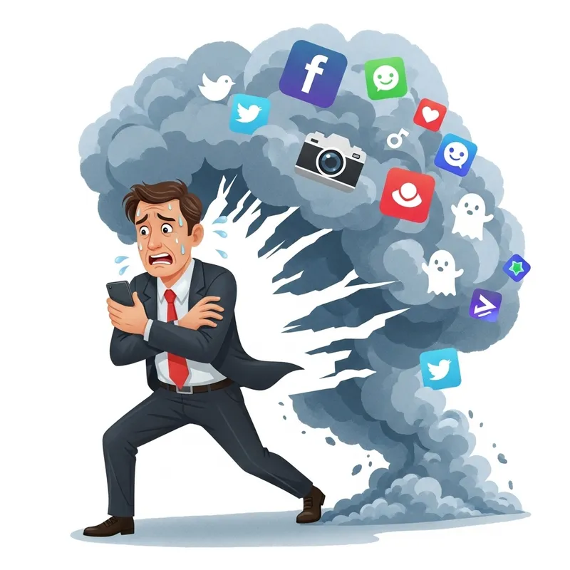 Man Escaping Social Media: Phone in Hand Rushing Out