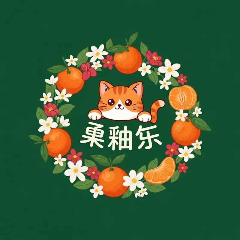 Charming Orange Cartoon Cat with Tangerines and Flowers